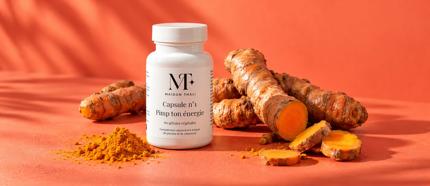 Capsule n°1 de Maison Thali à côté de racines de curcuma et de gingembre
