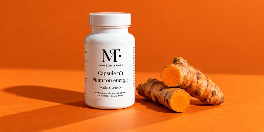 Flacon de la Capsule n°1 de Maison Thali à côté de racines de curcuma frais sur un fond orange vif