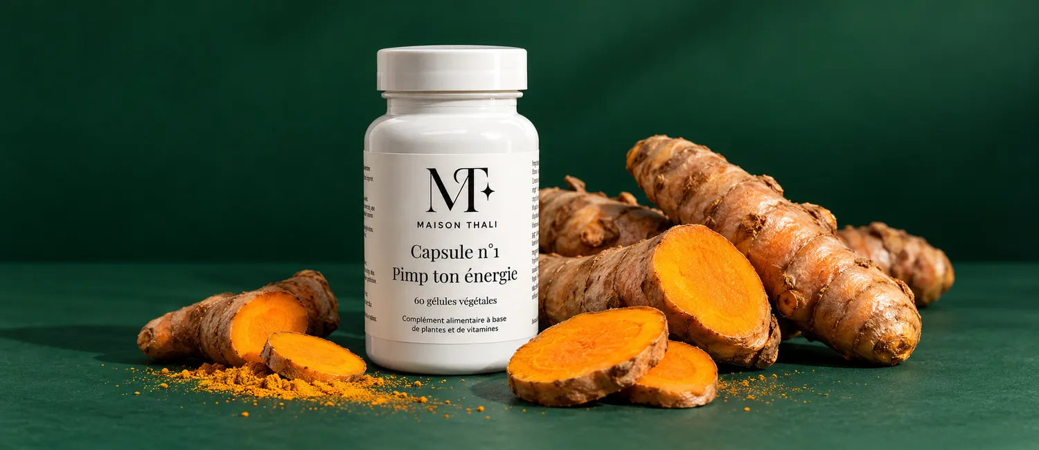 Capsule n°1 de Maison Thali à côté de racines de curcuma fraîches