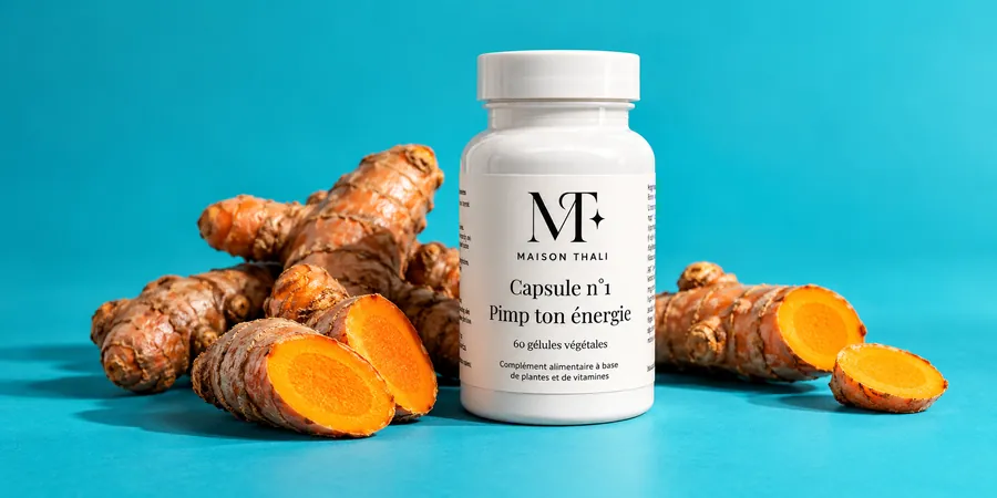 Flacon de la Capsule n°1 de Maison Thali entouré de racines de curcuma fraîches sur un fond turquoise