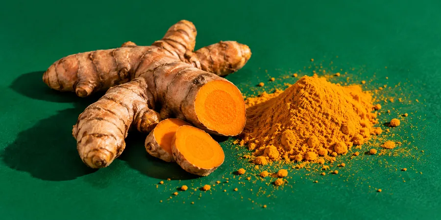 Racines de curcuma fraîches entières et coupées à côté d’un petit tas de poudre orange sur un fond vert vif