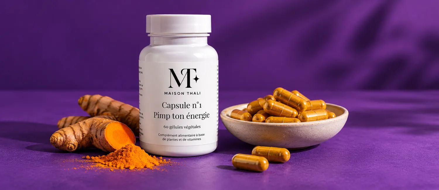 Capsule n°1 de Maison Thali à côté d’une coupelle de gélules de curcuma