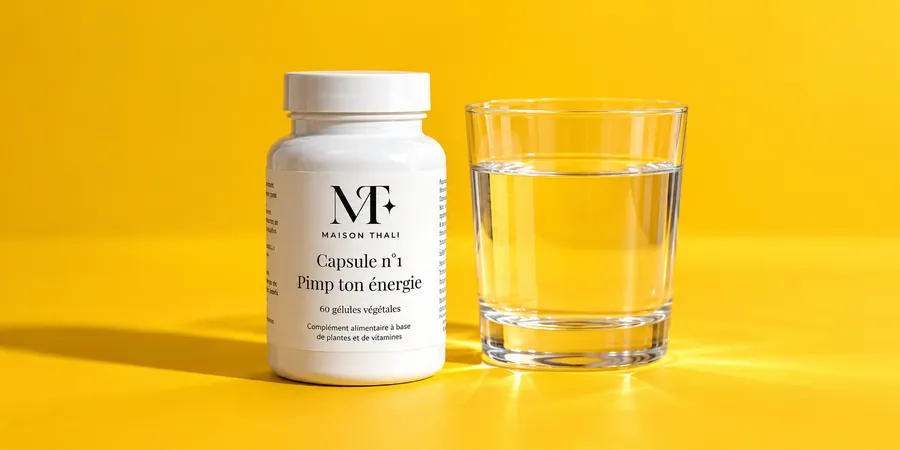 Flacon de la Capsule n°1 de Maison Thali posé à côté d’un verre d’eau sur un fond jaune vif