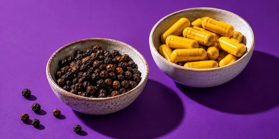 Grains de poivre noir et gélules jaunes sans marque dans deux petites coupelles sur un fond violet vif