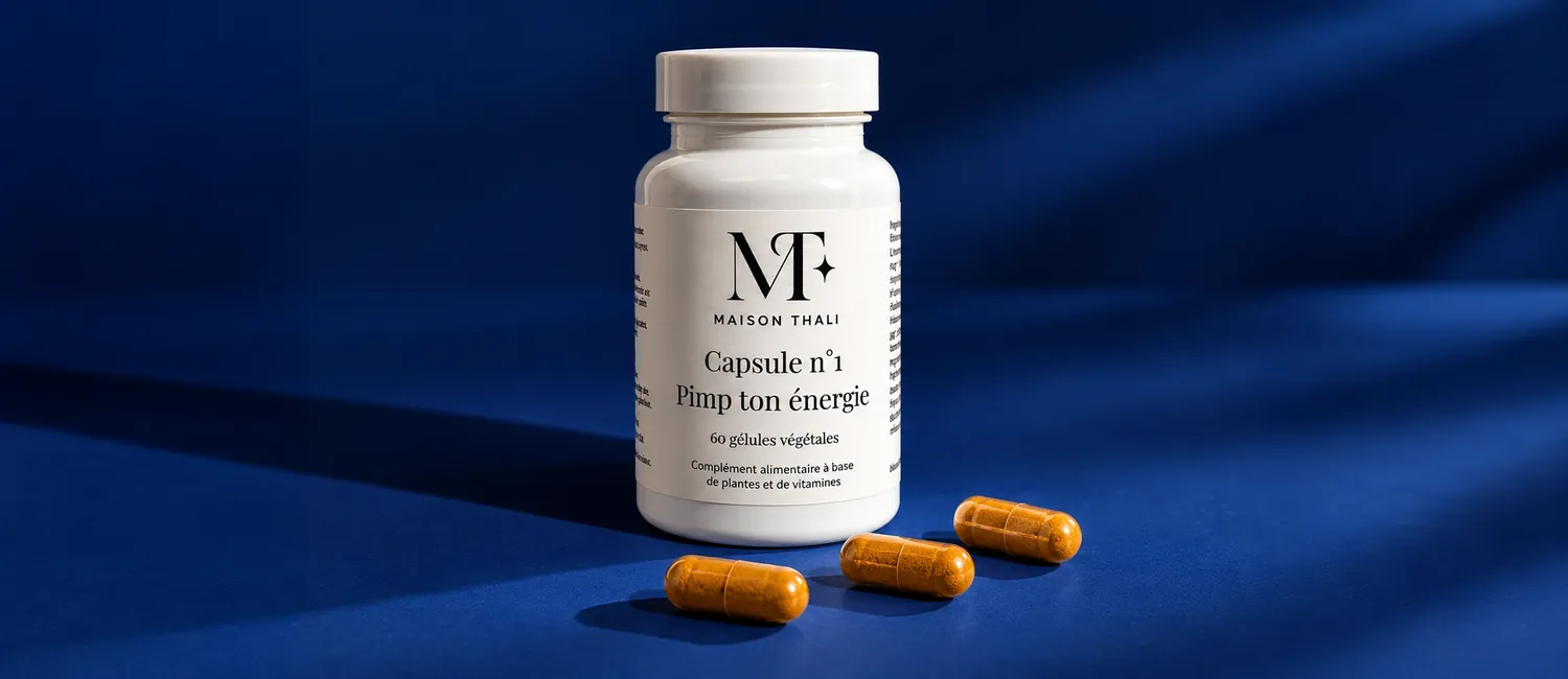 Flacon de Capsule n°1 de Maison Thali entouré de gélules de curcuma