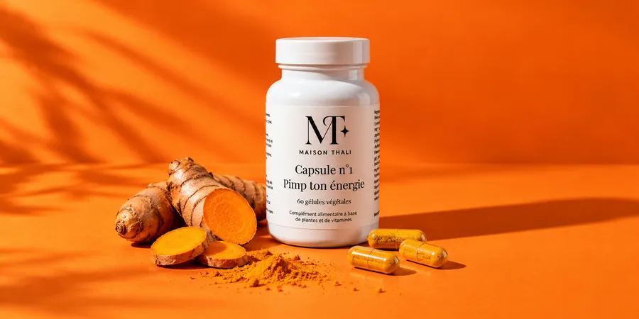Flacon de la Capsule n°1 de Maison Thali à côté de quelques gélules et d’une racine de curcuma sur un fond orange vif