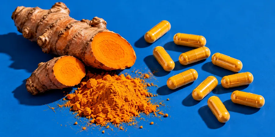 Gélules végétales jaunes sans marque à côté d’une racine de curcuma coupée et d’un petit tas de poudre orange sur un fond bleu vif