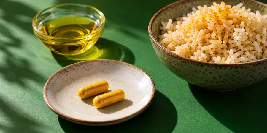 Deux gélules jaunes posées près d’une coupelle d’huile d’olive et d’un bol de riz sur un fond vert vif