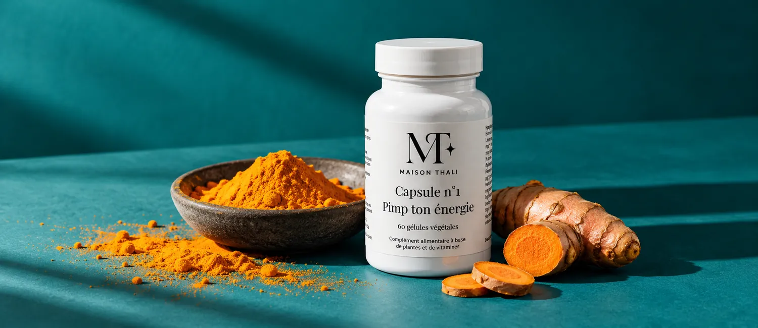 Capsule n°1 de Maison Thali à côté de poudre de curcuma et d’une racine