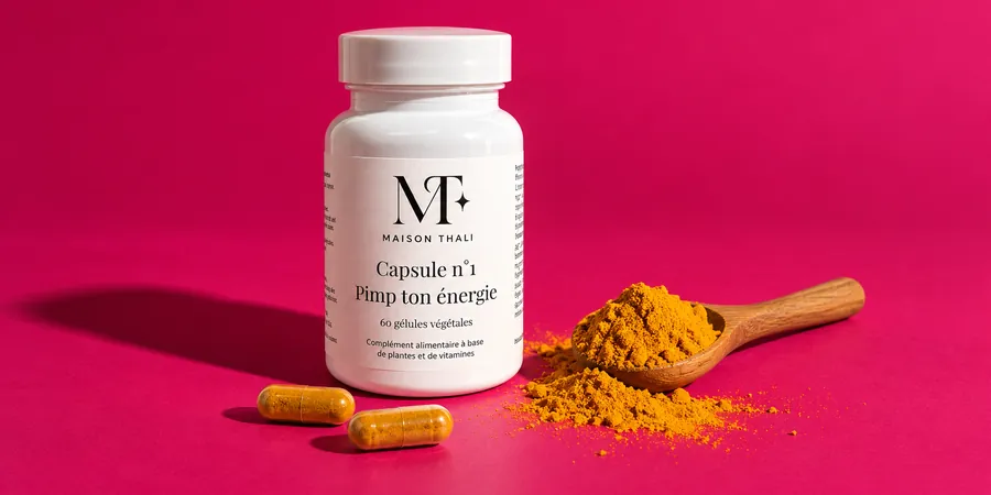 Flacon de la Capsule n°1 de Maison Thali à côté de deux gélules et d’une cuillère de curcuma en poudre sur un fond rose framboise