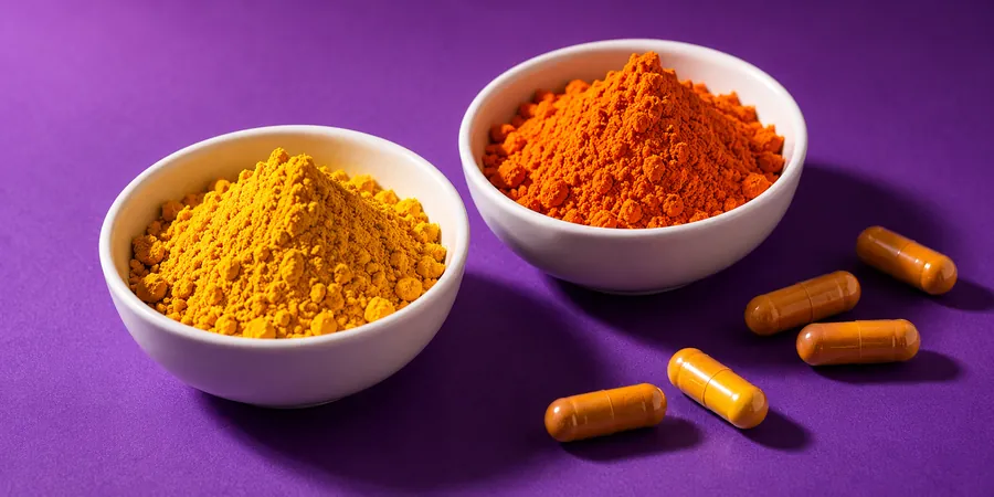 Deux coupelles de poudre jaune orangé de teintes différentes et quelques gélules végétales sans marque sur un fond violet vif