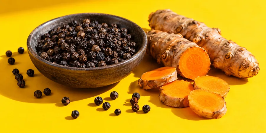 Grains de poivre noir dans une coupelle à côté de racines de curcuma coupées, sur un fond jaune vif