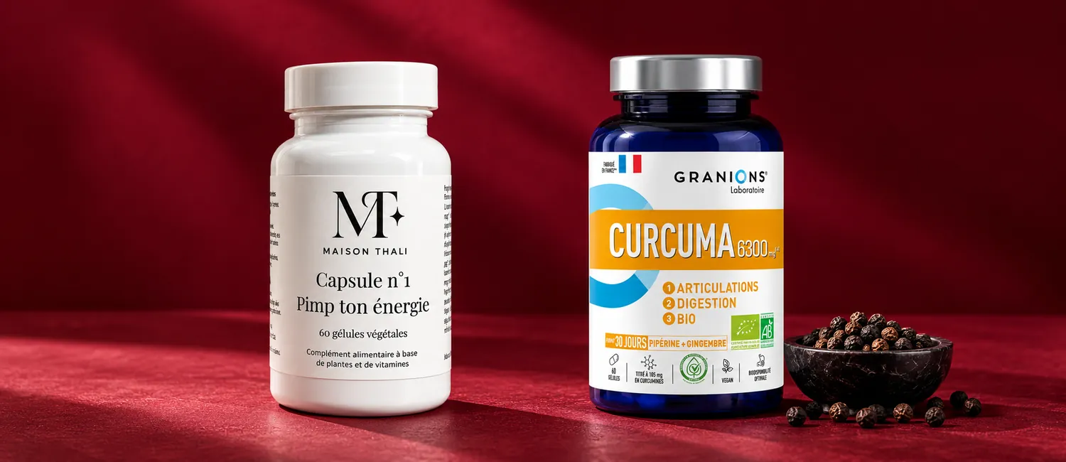 Capsule n°1 de Maison Thali et curcuma Granions à côté de grains de poivre noir