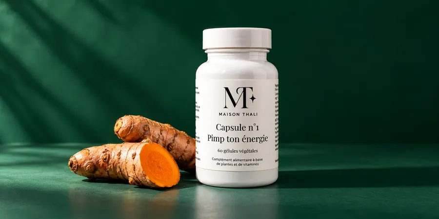 Flacon de la Capsule n°1 de Maison Thali à côté de racines de curcuma fraîches sur un fond vert sapin