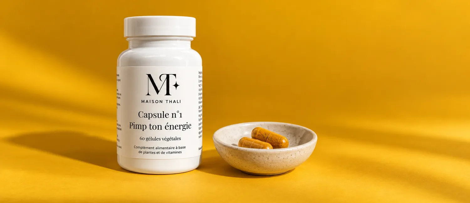 Capsule n°1 de Maison Thali et deux gélules posées sur une coupelle
