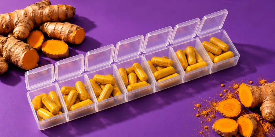 Pilulier transparent à sept compartiments rempli de gélules jaunes, entouré de racines de curcuma, sur un fond violet