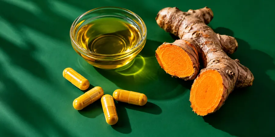 Gélules jaunes sans marque posées à côté d’une petite coupelle d’huile d’olive et d’une racine de curcuma coupée, sur un fond vert vif