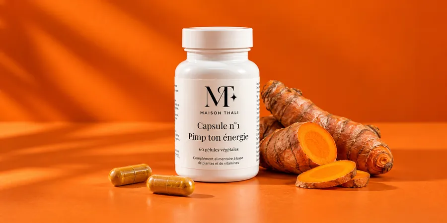 Flacon de la Capsule n°1 de Maison Thali à côté de deux gélules et d’une racine de curcuma, sur un fond orange vif