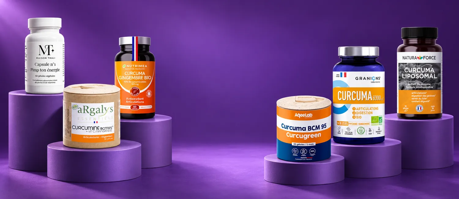 Capsule n°1 de Maison Thali, curcuma Argalys, Nutrimea, AqeeLab, Granions et Natura Force sur des podiums